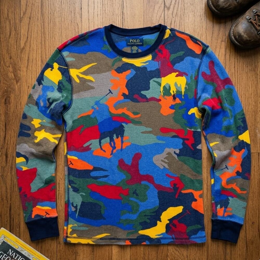 Polo Ralph Lauren Big Pony Waffle Knit Thermal Long Sleeve Camo Colorblock M - Picture 1 of 5
